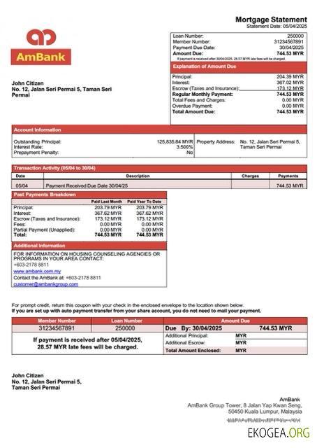 Modèle Word et PDF de relevé hypothécaire AmBank de Malaisie